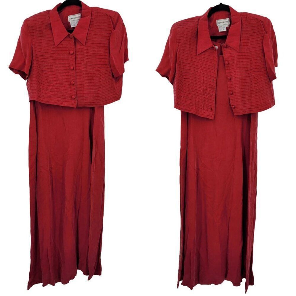 Karin Stevens Red Sleeveless Modest Maxi Dress 16 2pc Set‎ Pleated Button Jacket
